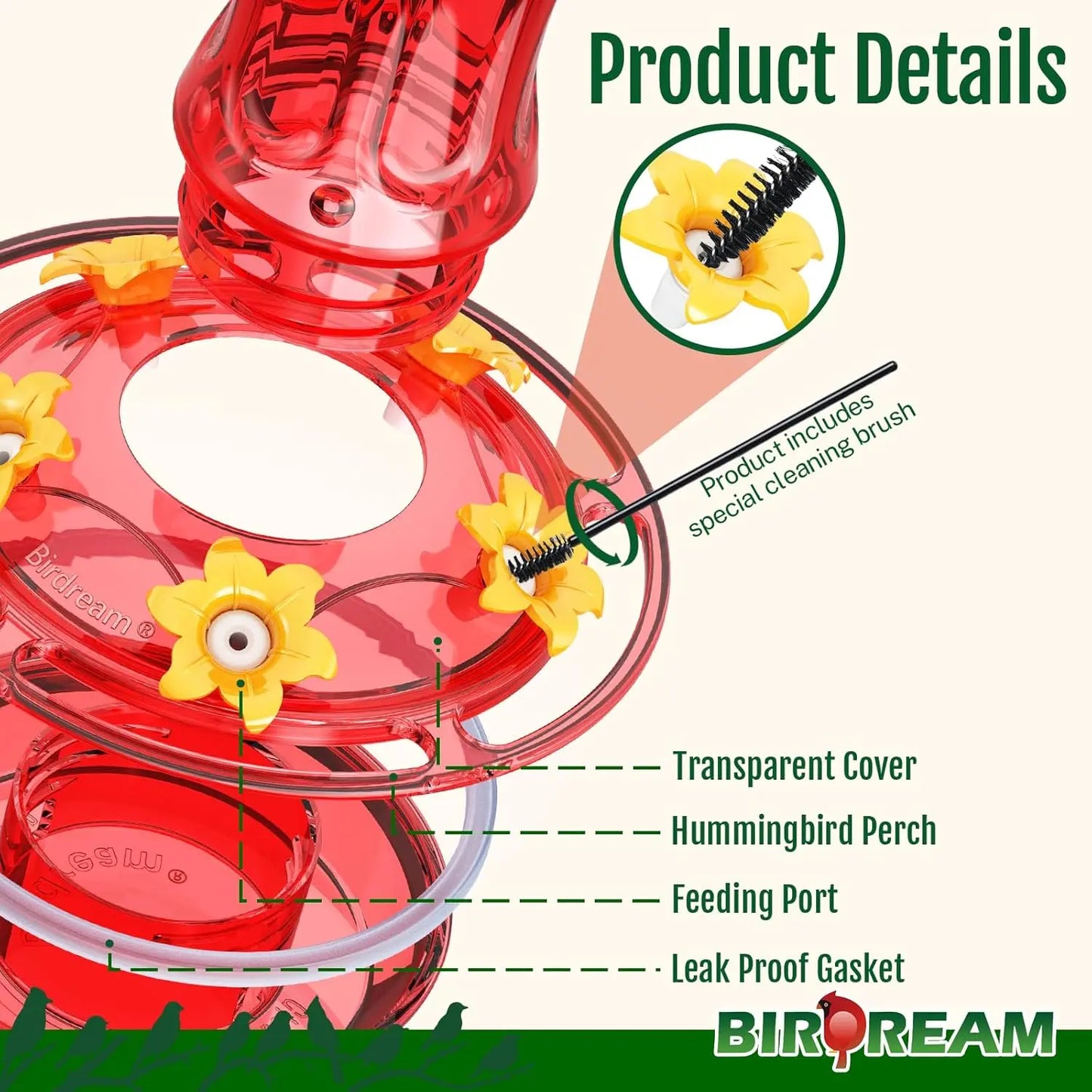 Birdream Glass Hummingbird Feeder for Outdoors, 18Oz Hanging Hummingbird Feeder with 5 Feeding Ports & Built-In Ant Moat, for Garden Patio Backyard, Gifts for Women Mom, All Red Tiktokshopspringglowup Bird Lover Outdoorfun