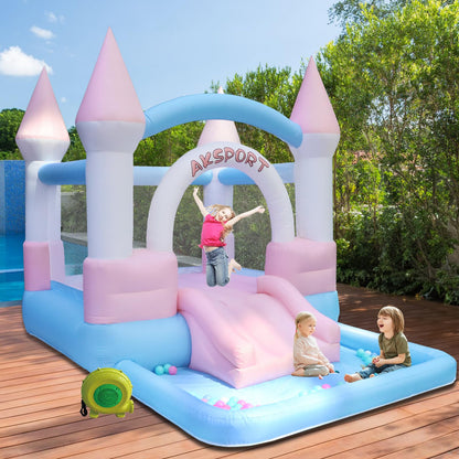 AKSPORT Inflatable Bounce House for Kids，Macaron Bouncy Castle with Air Blower & Slide & Large Ball Pool for Birthday Party Wedding Gift Indoor & Outdoor，11.8FT*8.2FT*8.5FT