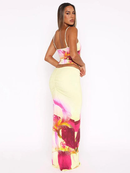 Women'S Floral Print Knit Cami Top & Skirt Two-Piece Set, Womenswear Casual Sleeveless Top & Skirt for Summer Outdoor, Ladies Clothes for Beach Holiday Vacation, Matching Clothing Set Women, Cute Summer Outfit Suits