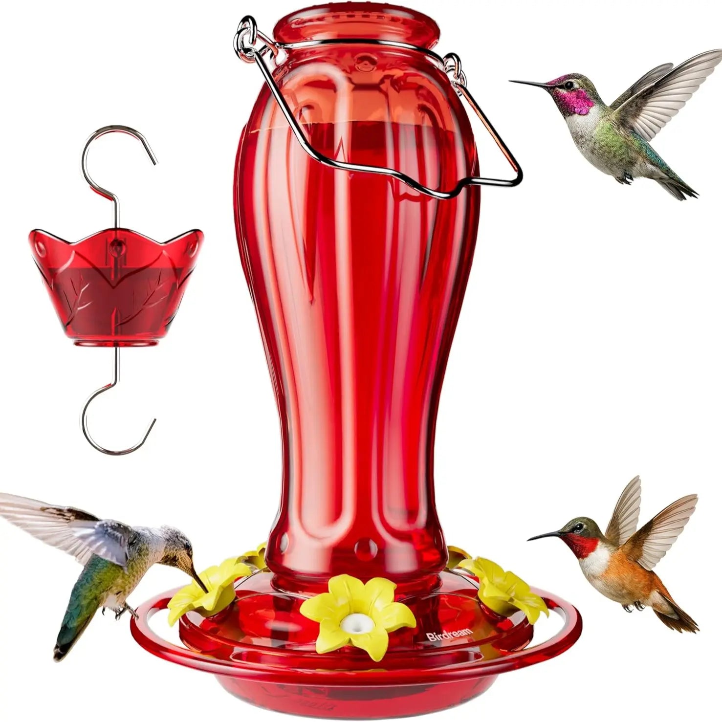 Birdream Glass Hummingbird Feeder for Outdoors, 18Oz Hanging Hummingbird Feeder with 5 Feeding Ports & Built-In Ant Moat, for Garden Patio Backyard, Gifts for Women Mom, All Red Tiktokshopspringglowup Bird Lover Outdoorfun