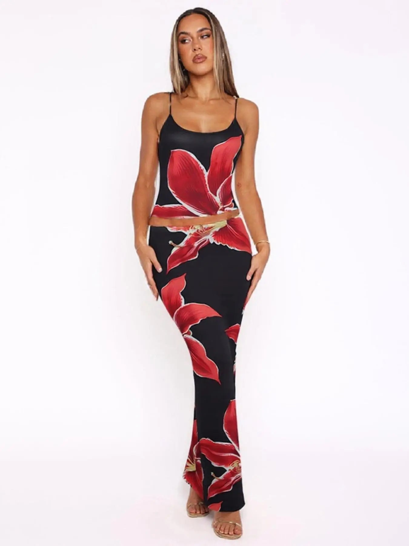 Women'S Floral Print Knit Cami Top & Skirt Two-Piece Set, Womenswear Casual Sleeveless Top & Skirt for Summer Outdoor, Ladies Clothes for Beach Holiday Vacation, Matching Clothing Set Women, Cute Summer Outfit Suits