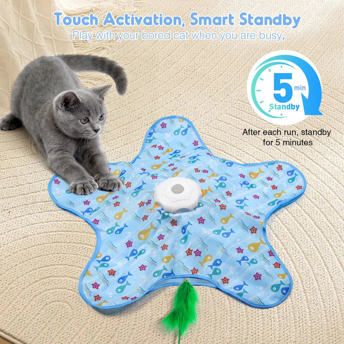 Interactive Unpredicatable Moving Feather Hunting Cat Toy , Hide and Seek Rechargeable Cat Toy for Bored Cat,Automatic Chargeable，Indoor Exercise & Boredom Relief for All Breeds Cats , Essential for Petlovers
