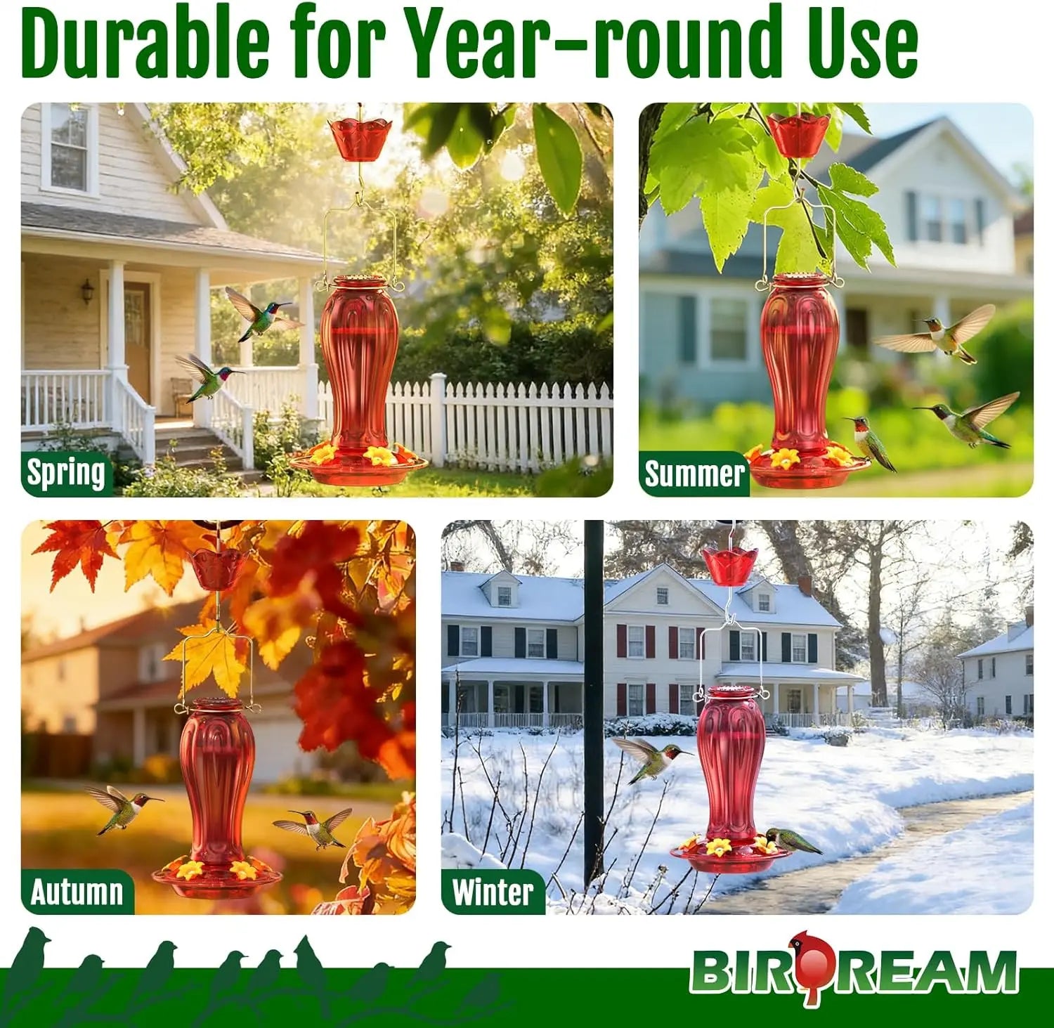 Birdream Glass Hummingbird Feeder for Outdoors, 18Oz Hanging Hummingbird Feeder with 5 Feeding Ports & Built-In Ant Moat, for Garden Patio Backyard, Gifts for Women Mom, All Red Tiktokshopspringglowup Bird Lover Outdoorfun