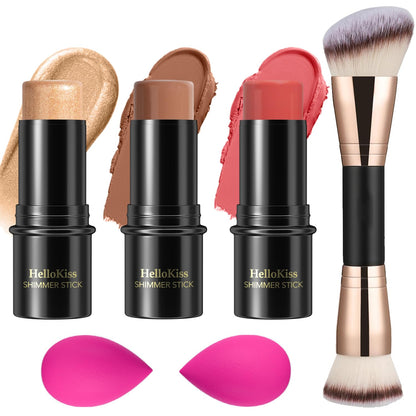 3 Pcs Cream Contour Stick Makeup Kit Shades with Highlighter Stick Blush Stick and Bronzer Contour Stick for Sculpt the Cheeks Waterproof Matte & Dewy Finish (Medium#04+#07+#14)