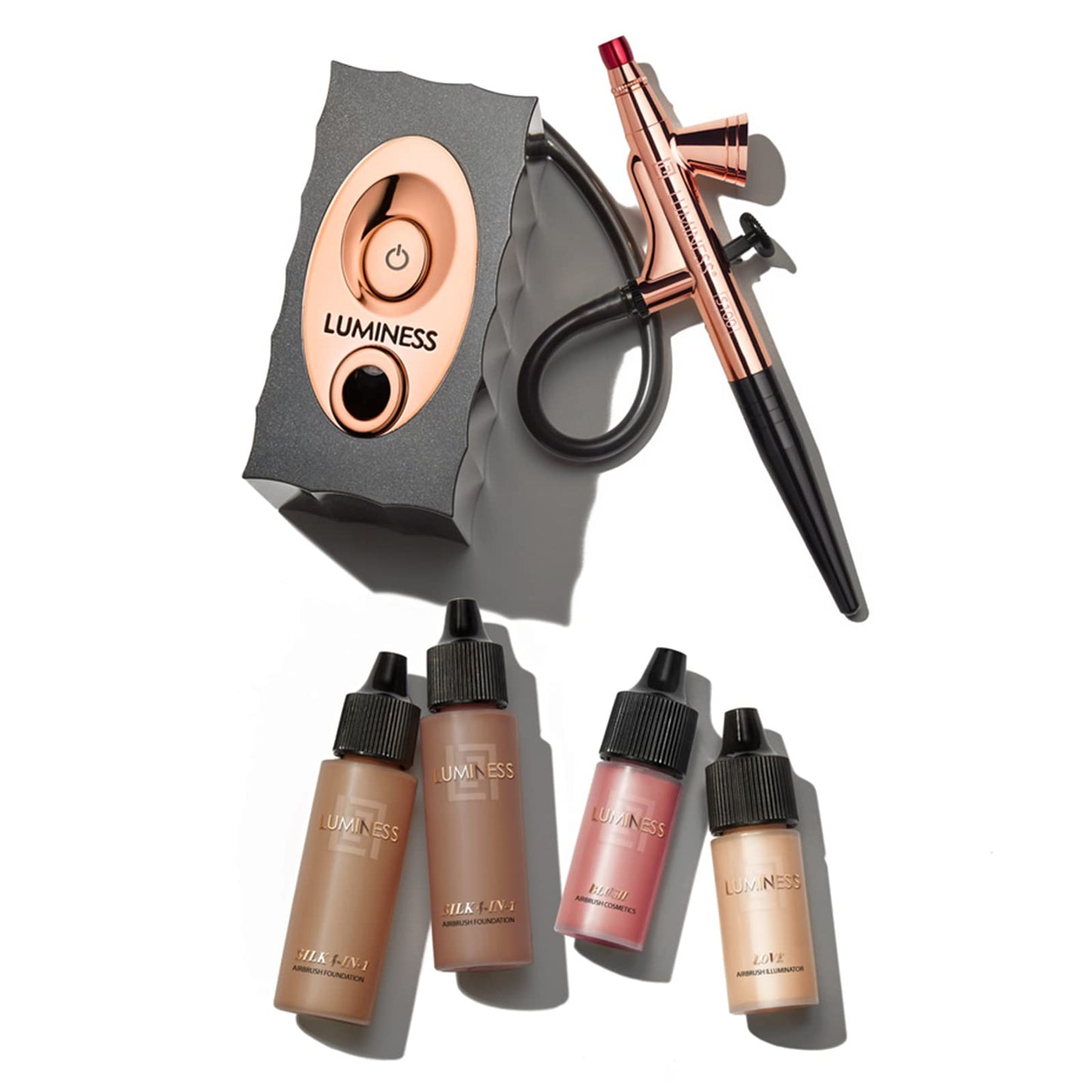 Luminess Air Icon Makeup Airbrush System and 4-Piece Foundation Starter Kit Deep Coverage - Quick Easy & Long Lasting Application - Includes Silk 4-In-1 Foundation Highlighter & Blush