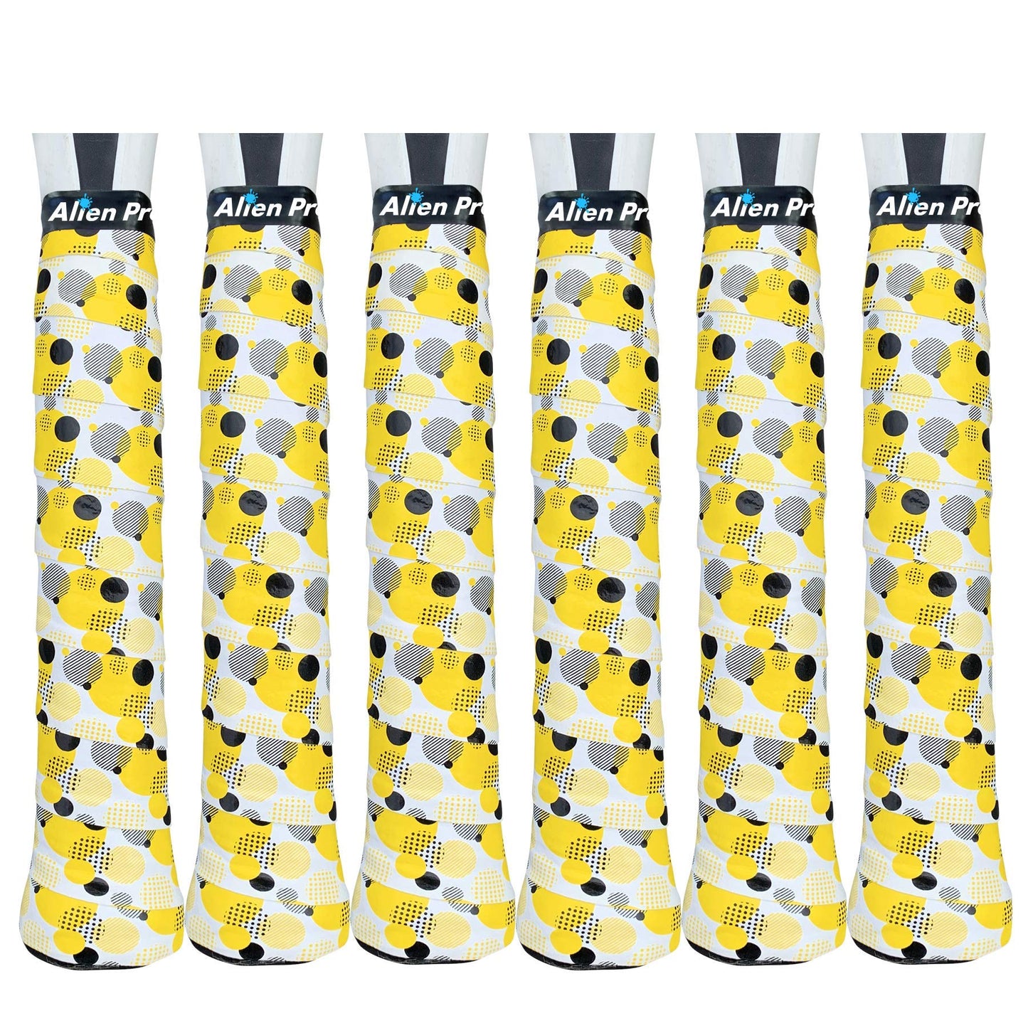 ALIEN PROS Tennis Racket Grip Tape (6 Grips) – Tac Moisture Feel Tennis Grip – Tennis Overgrip Grip Tape Tennis Racket – Wrap Your Racquet for High Performance (6 Grips Yellow Circles)