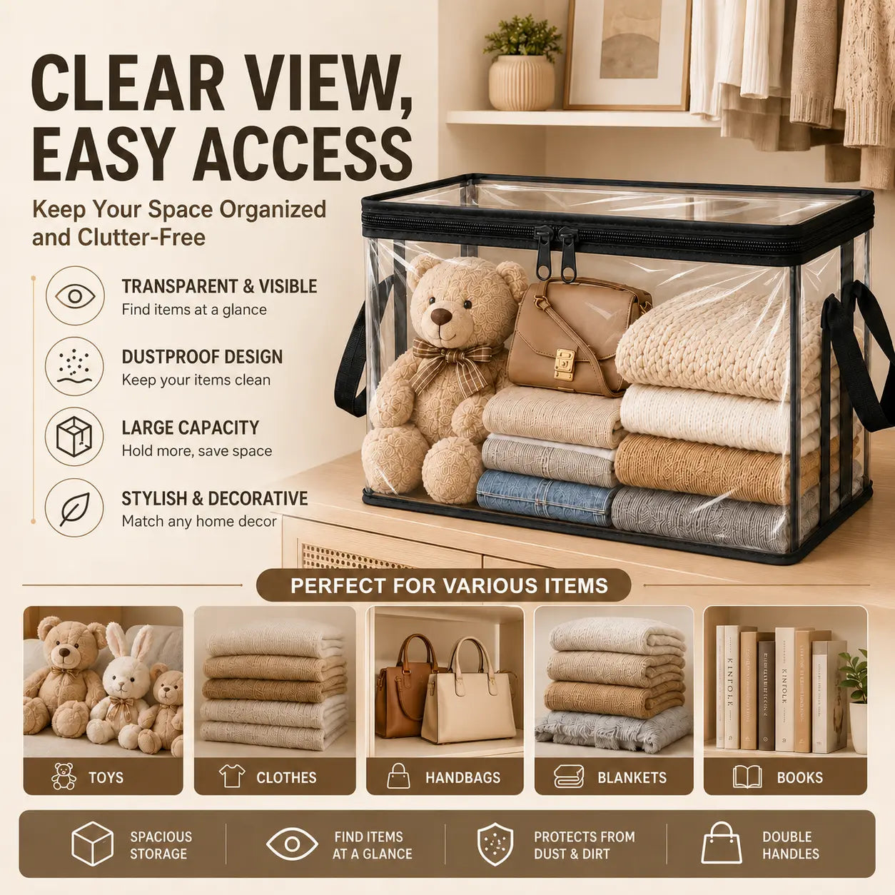 Black PVC Stuffed Animal & Doll Storage Box with Handle – Dustproof, Durable Toy Organizer for Kids’ Room, Playroom, Living Room, or Birthday Gift