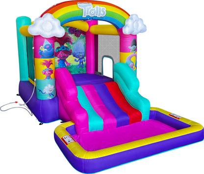 Funormous Trolls Band Together Inflatable Bouncy Castle with Slide Outdoor Indoor Bounce House with Ball Pit for Kids Ages 3-8 Plus Heavy Duty Air Blower