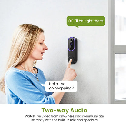 Wireless Video Doorbell Camera, Smart Security Doorbell Camera, 1080P, AI Human Detection , Night Vision, Instant Alert, Two Way Audio, 2.4G Wifi Only, Simple Installation and Rechargeable Battery, Cloud Storage, Wifi Camera